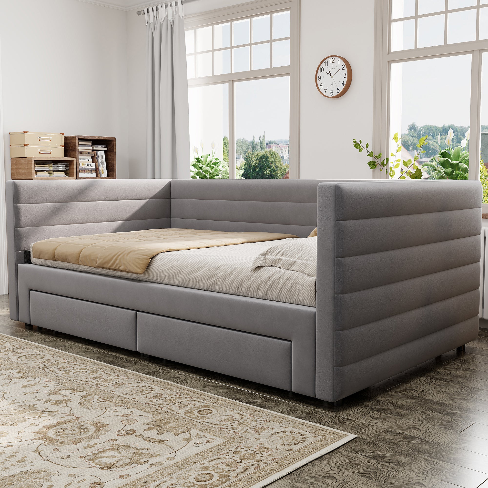 Łóżko wysuwane 90/180 x 200 cm z zagłówkiem, sofa rozkładana - Tkanina lniana - Szary (Materac nie jest wliczony w cenę) - 3