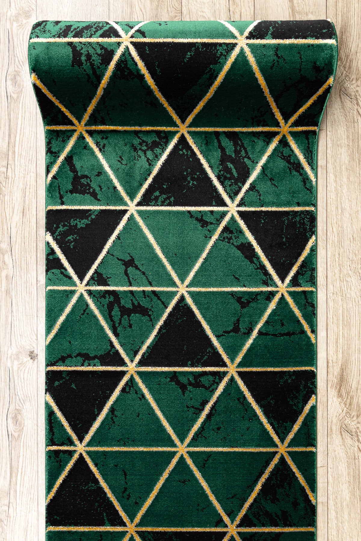 Passatoia EMERALD esclusivo 1020 glamour, elegante Marmo, triangoli verde bottiglia / oro 100 cm 100x440 cm - 5