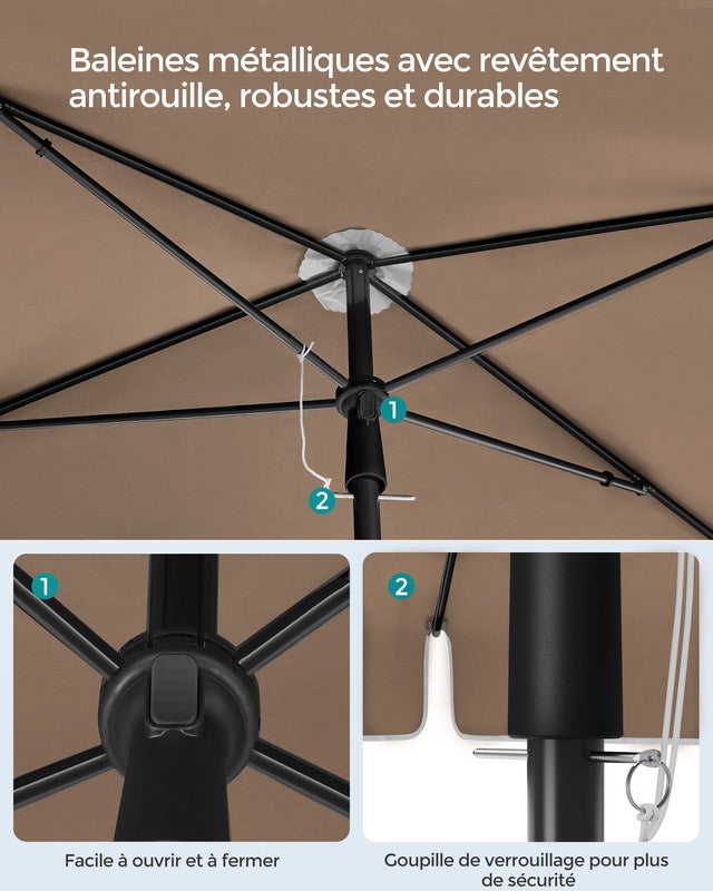 Parasol 200 x 125 cm, Protection Solaire UPF 50+, Inclinable sur 30° dans les 2 sens, Hauteur Réglable, avec Sac de Transport, Marron Noisette - 7