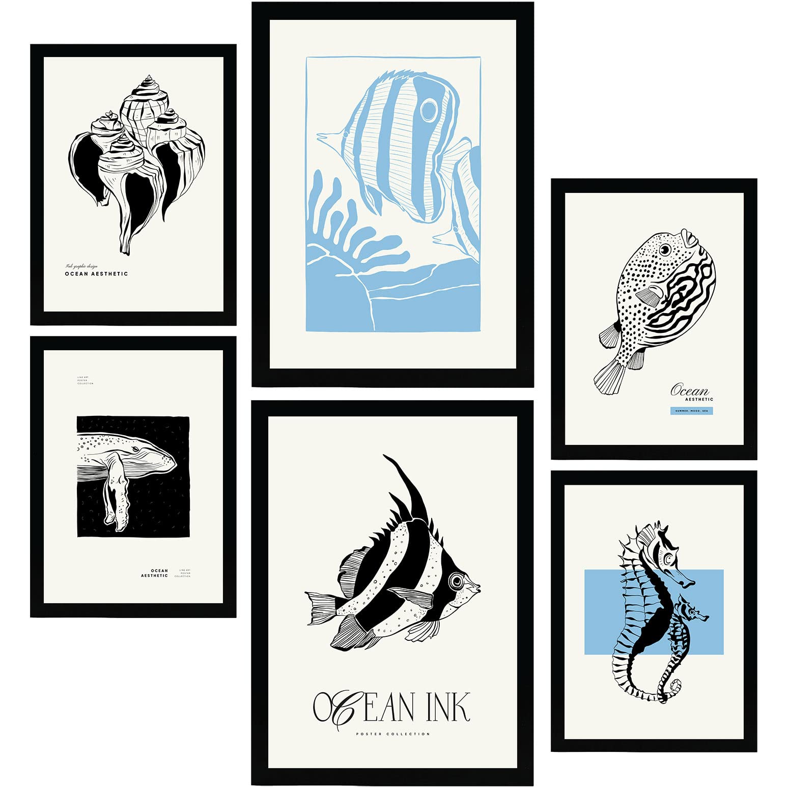 Nacnic set de 6 posters en tinta negra patrones del mar láminas artísticas del mar y océano para el diseño y tamaños a3 & a4 marco negro