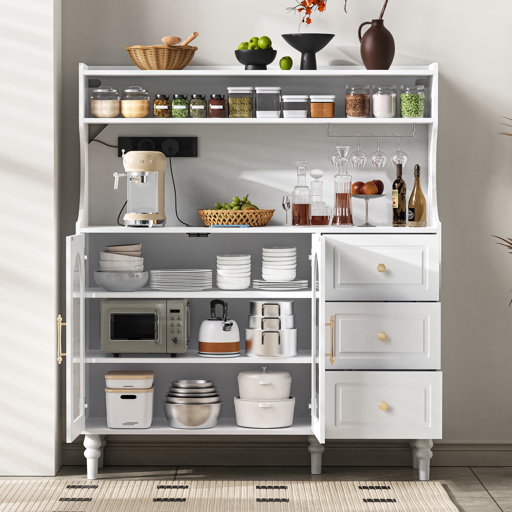 Kredens kuchenny z 2 szklanymi drzwiami, 3 szufladami i portem ładowania - 120 x 40 x 184 cm - Płyta MDF i płyta wiórowa - Regulowane półki - Biały - 3