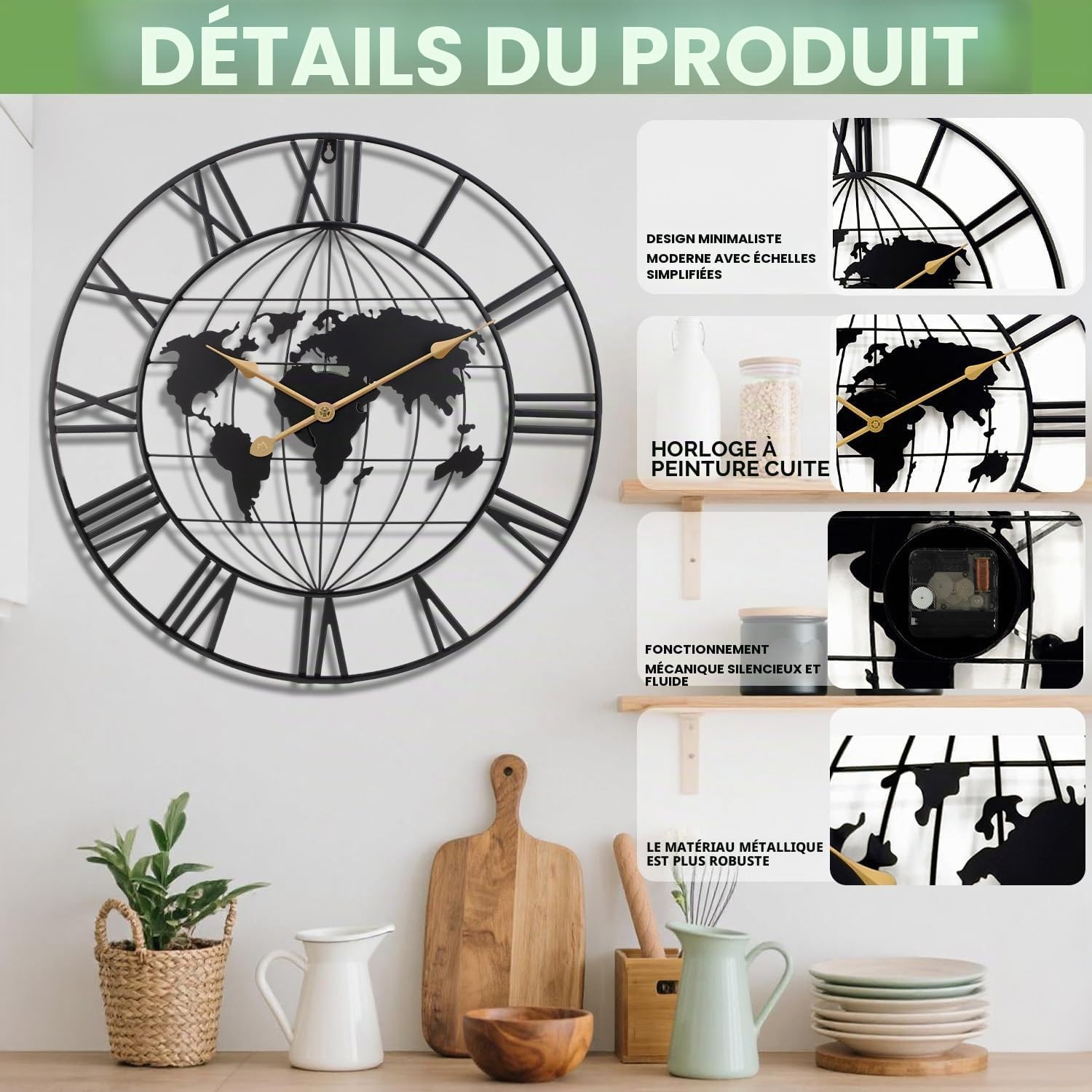 Reloj de pared grande, moderno y minimalista de metal con mapa del mundo, redondo, decorativo, funciona con pilas, ideal para salón, oficina o escuel - 5