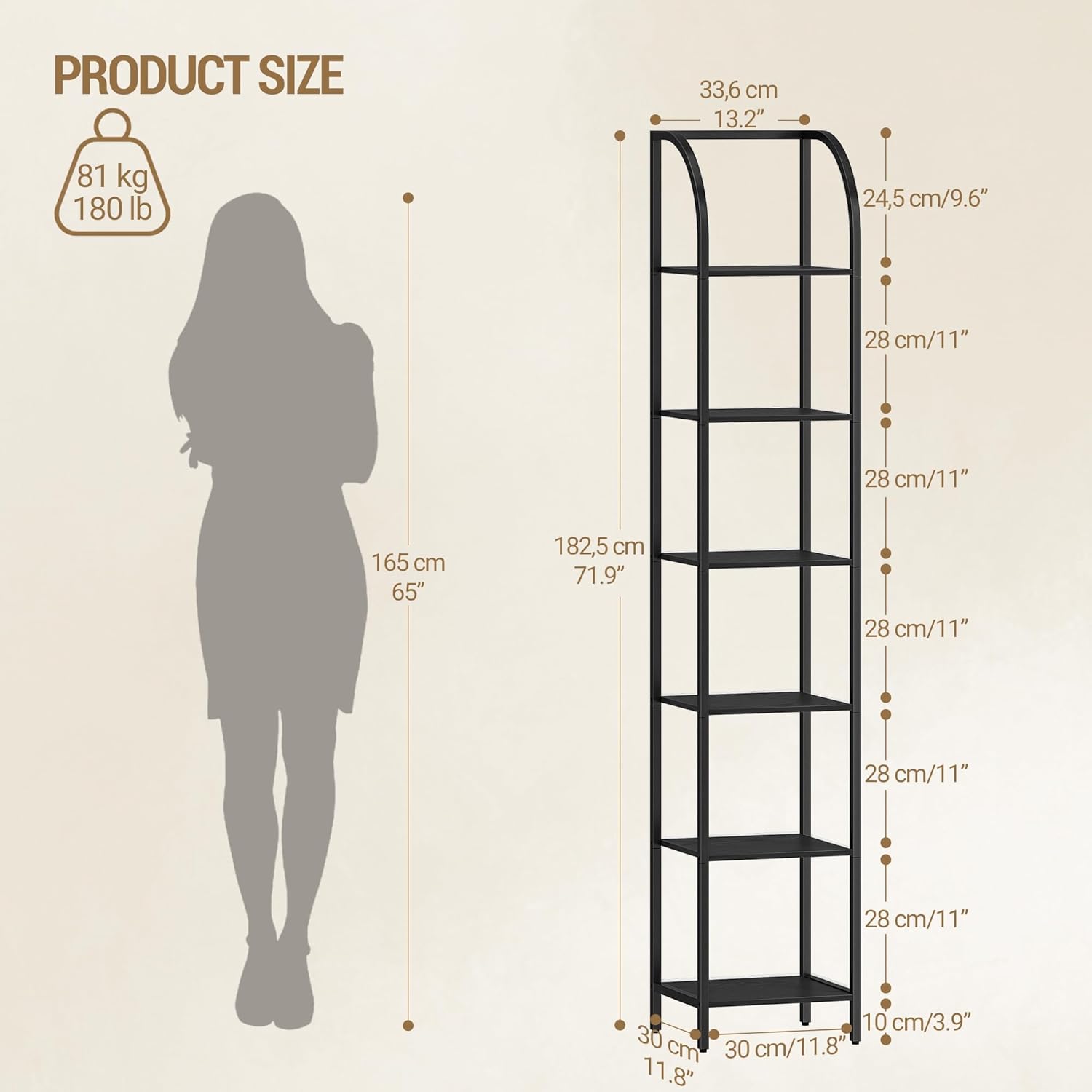 Étagères Étroites à 6 Niveaux, Bibliothèque Verticale, Meuble de Rangement, Étagère Ouverte, vient pour Bureau, Salon, Chambre, Cuisine, Noir - 7