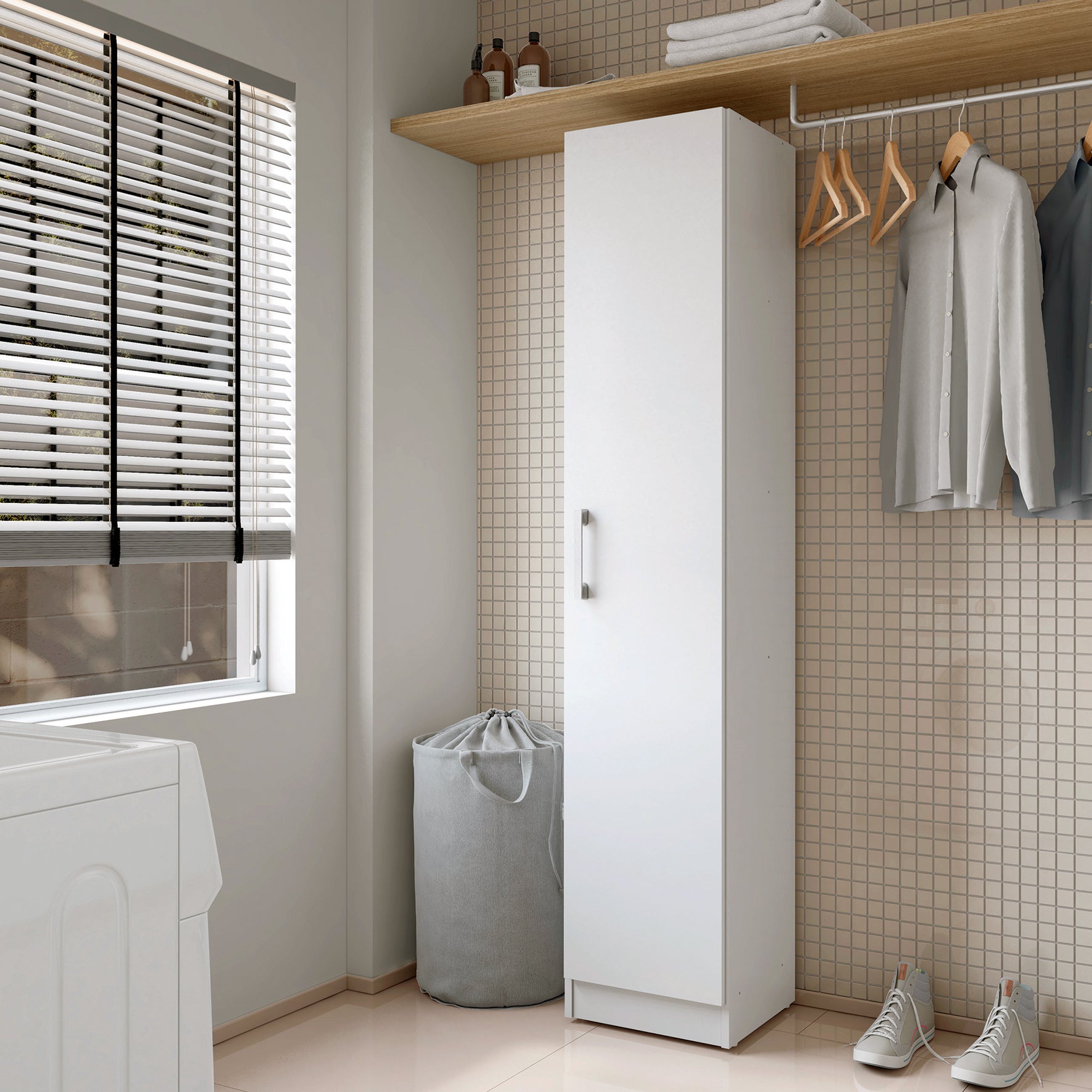 Armoire à balais polyvalente avec une porte réversible. Coloris blanc (Hauteur 170 cm/Largeur 35 cm/Profondeur 32 cm) - 2