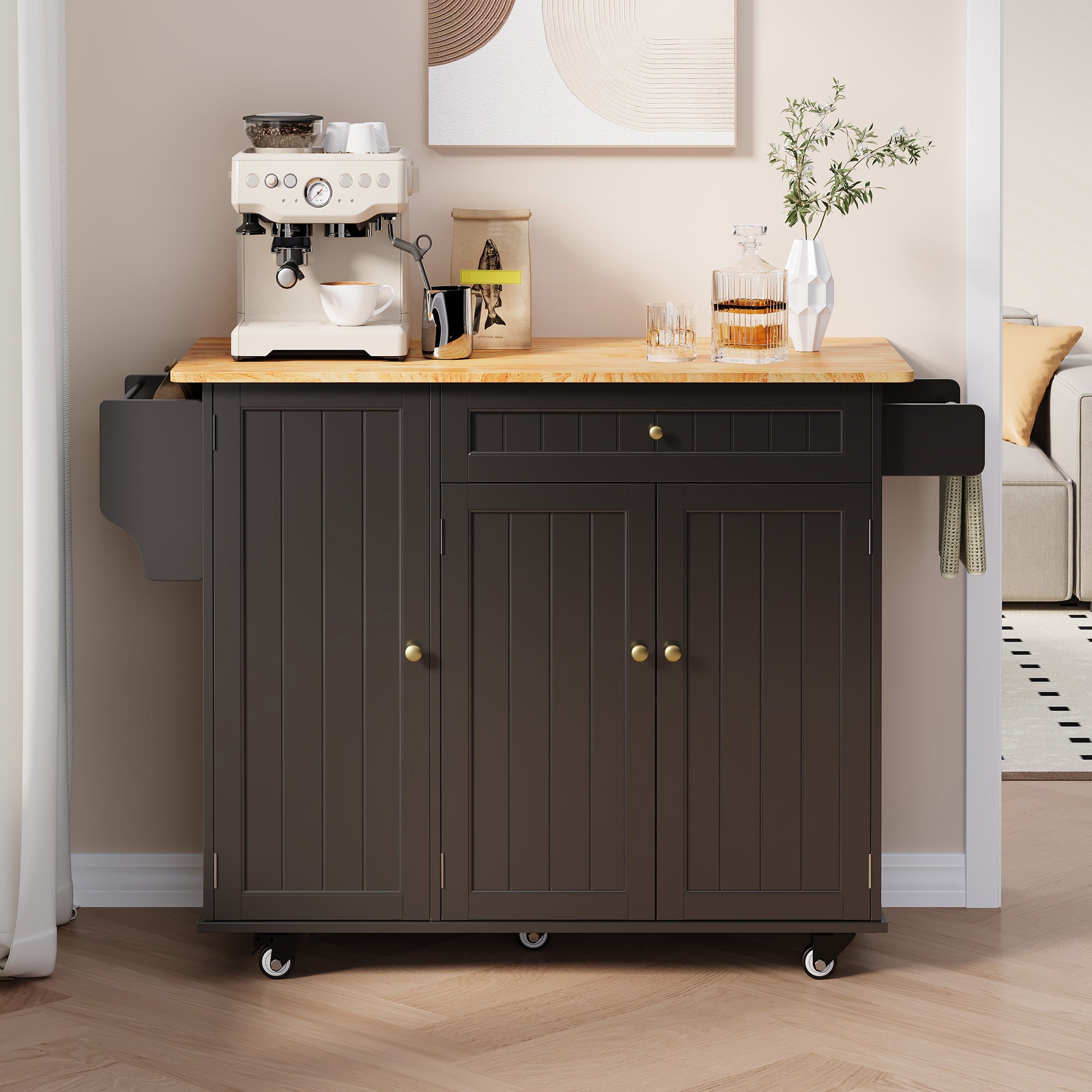 Îlot de cuisine mobile avec 3 portes et 1 tiroir, plateau extensible 130x45(75)x88 cm, MDF noir et naturel, Bealife - 2
