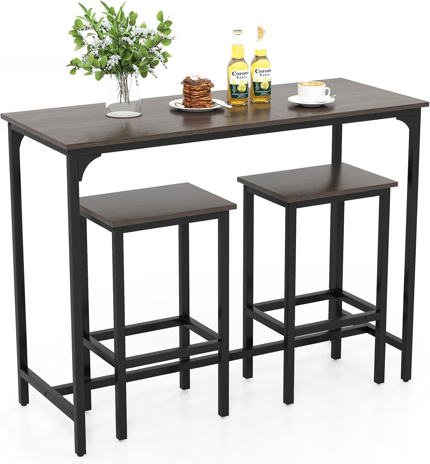 Set Table Et 4 Chaises De Bar Vintage - 100x60x90 Cm (table) Et 40x30x65 Cm (chaise) - Métal Et MDF Marron - Salon, Salle à Manger, Bar Maison