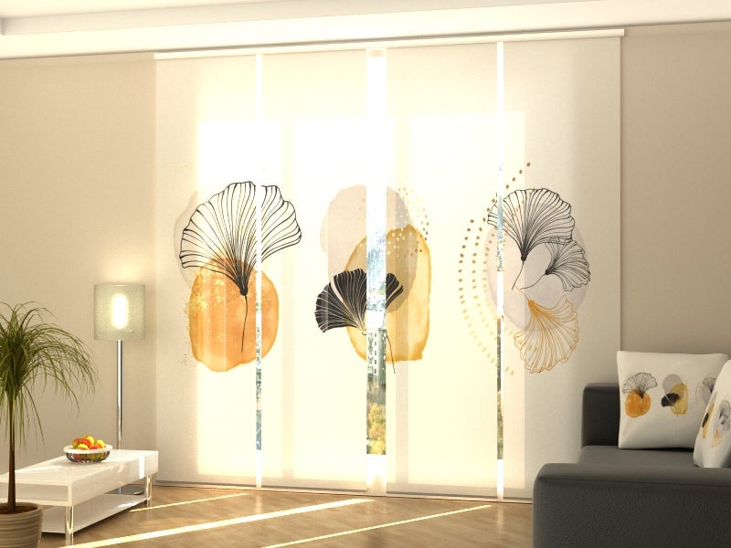 4 paneles japoneses wellmira 60x270 cm con riel de 4 vías de 240 cm, flores aéreas con elementos dorados