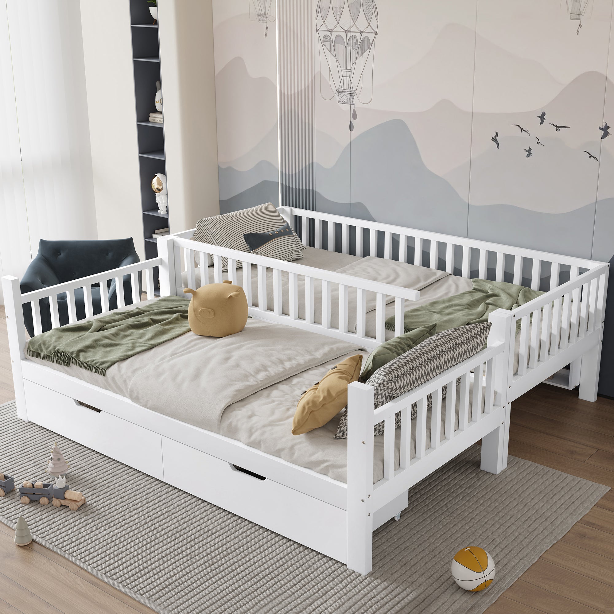 Lit superposés séparables 2 x 90 x 200 cm avec 2 tiroirs et étagères - Pin et MDF - Blanc (sans matelas) - 4