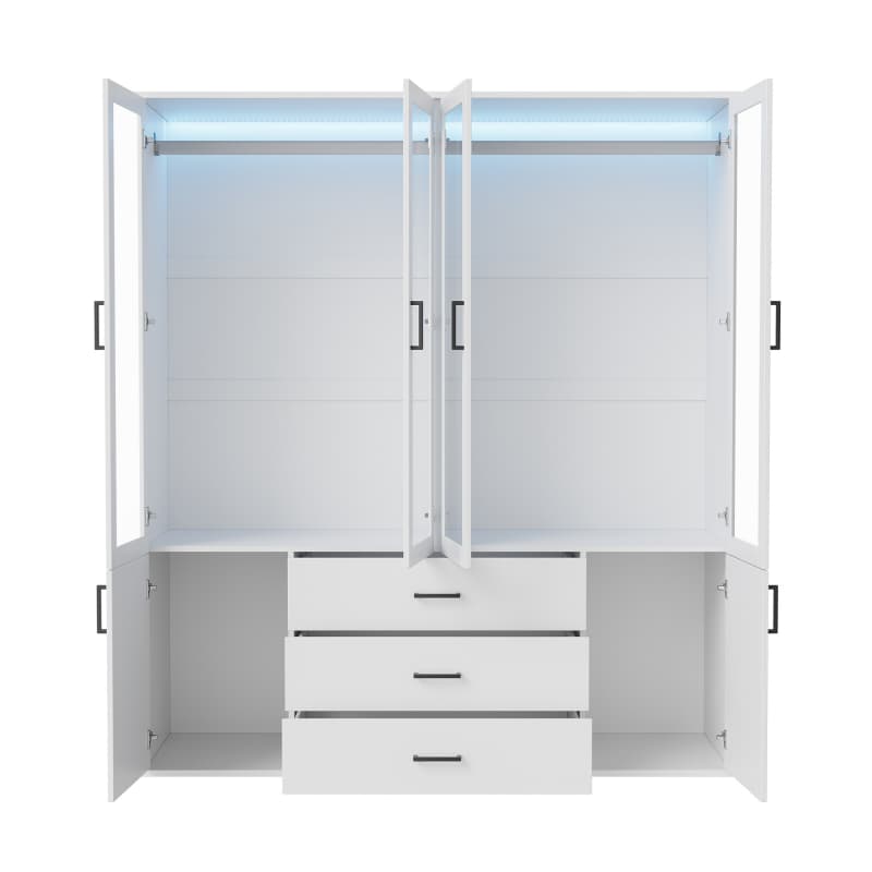 Armoire 160 cm avec 4 Portes Vitrées et 3 Tiroirs, Éclairage LED Intégré, Espace de Rangement Spacieux, Design Moderne Blanc - 6