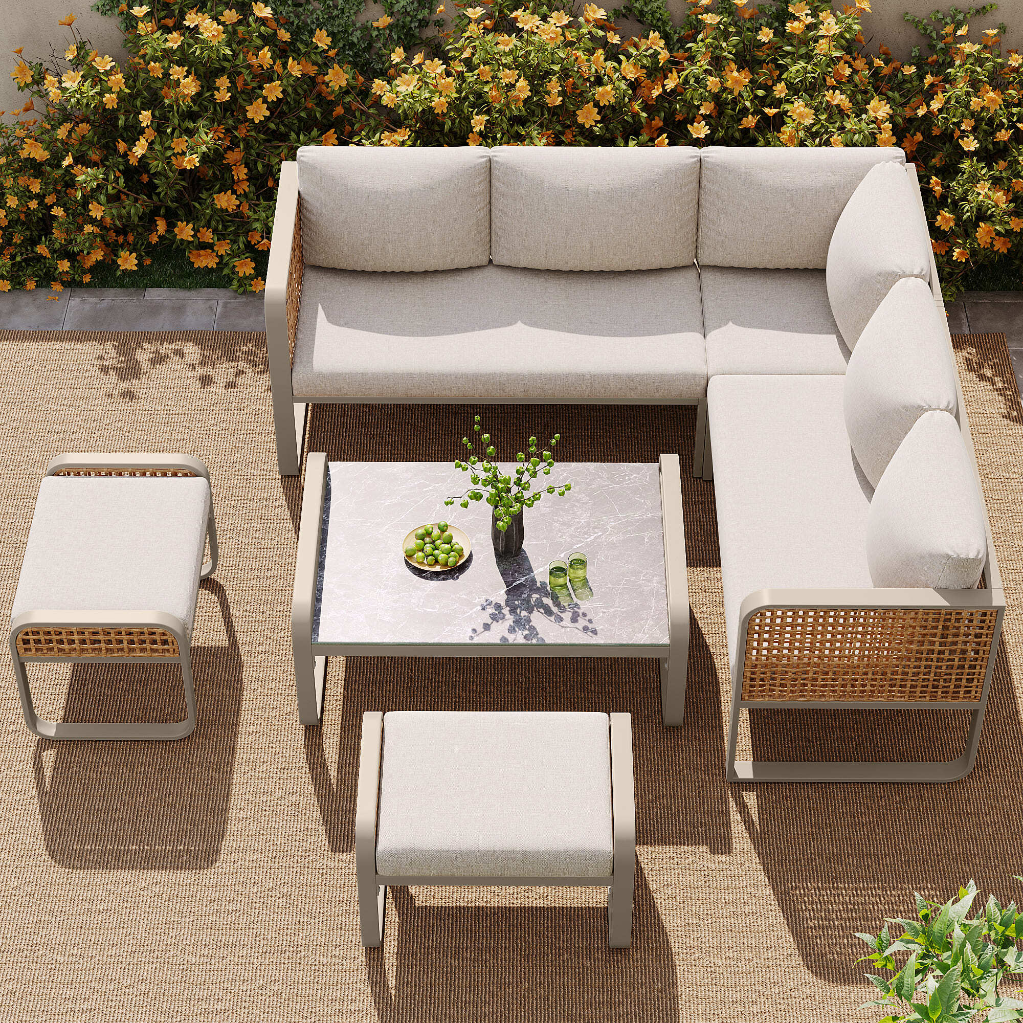Salon de jardin d'extérieur en rotin PE pour 6-7 personnes, Canapé d'angle avec Coussins et Table Basse - acier galvanisé - Pieds Réglables, beige - 5