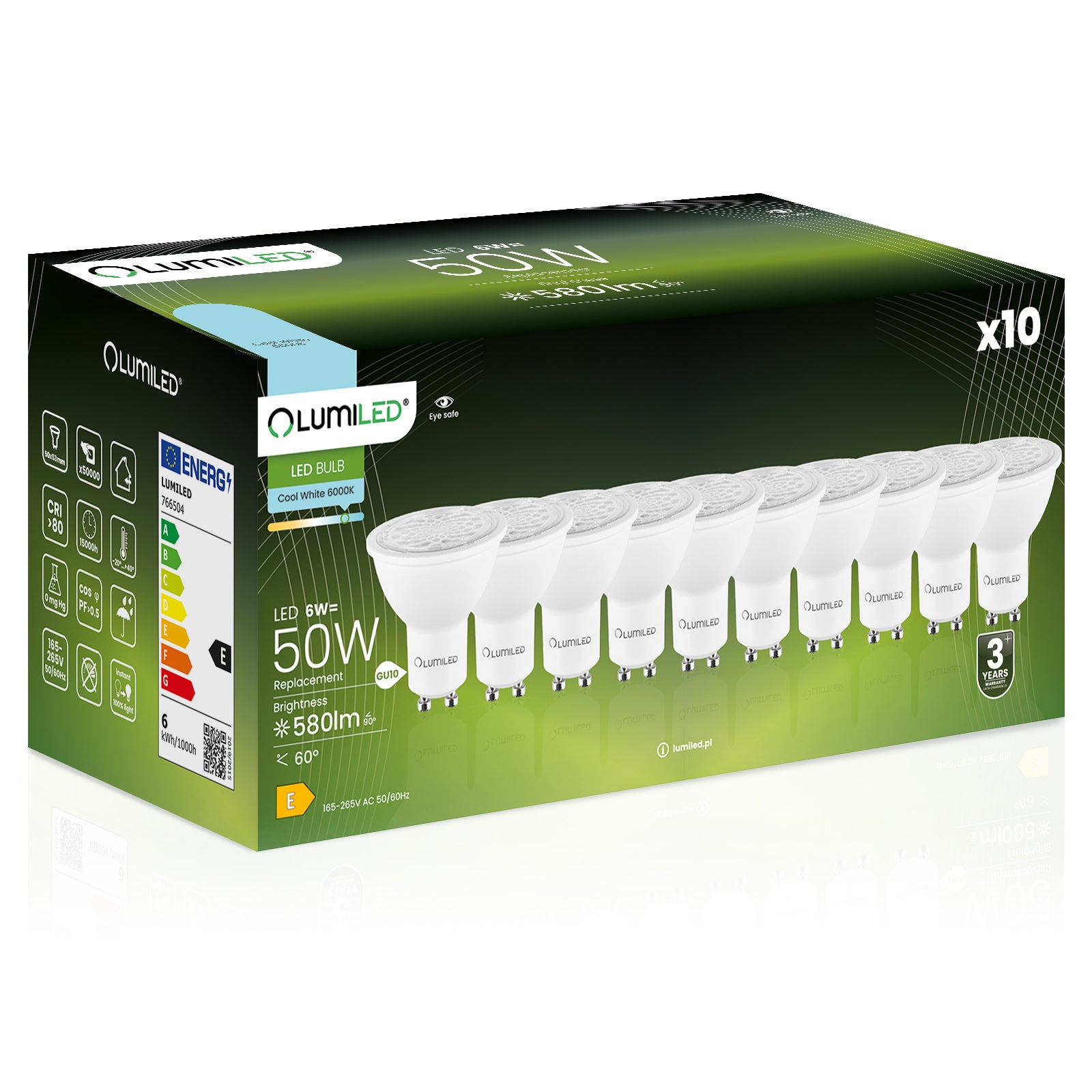 10x Żarówka Lumiled LED GU10 Reflektor PAR16 6W = 50W 580lm 6500K Zimna 24st 36st 60st