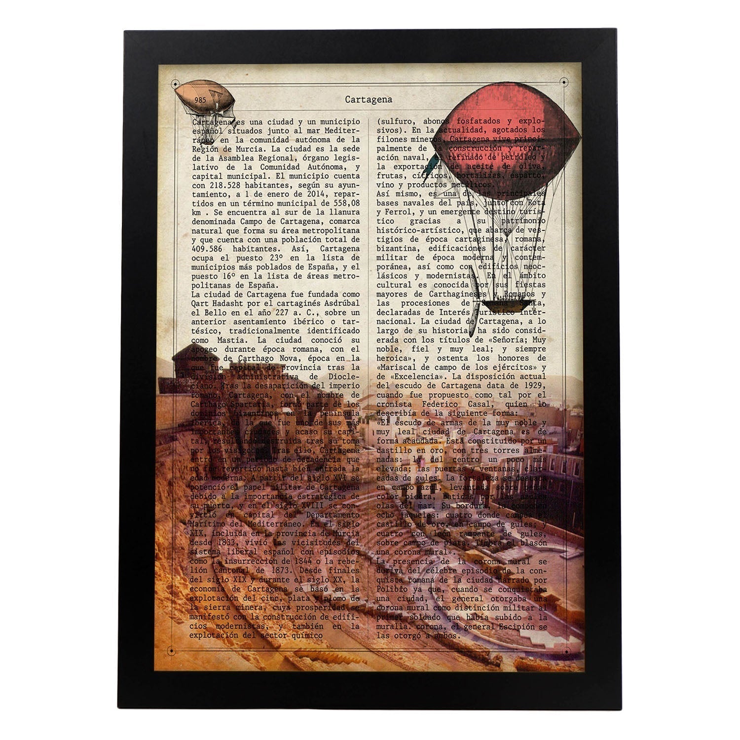 Poster de cartagena. láminas de ciudades espanolas con definiciones. decoracion de interiores para espanoles. marco madera clara - a3