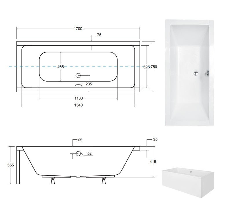 Baignoire rectangulaire de 170 x 75 cm - BLANC - avec Repose Tête OFFERT - QUADRO - 4