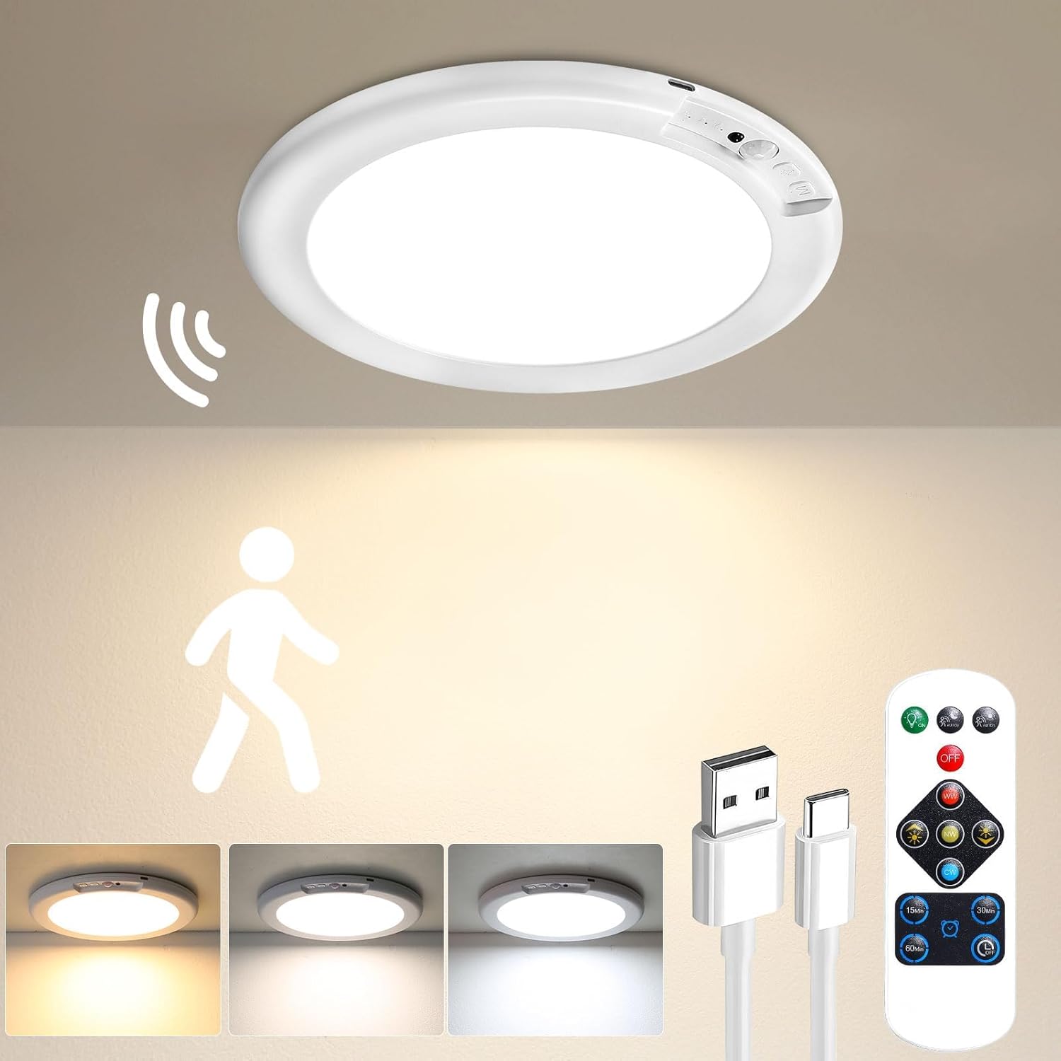 Lampe LED Avec Détecteur De Mouvement Rechargeable – Magnétique, 3 Couleurs, Pour Placard, Couloir…