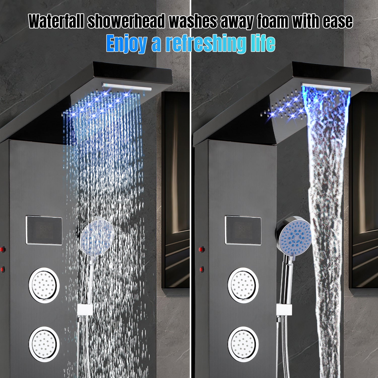Panel de columna de ducha de hidromasaje con grifos, funciona 5 duchas a la vez, acero inoxidable 304, superficie de titanio negro - 4
