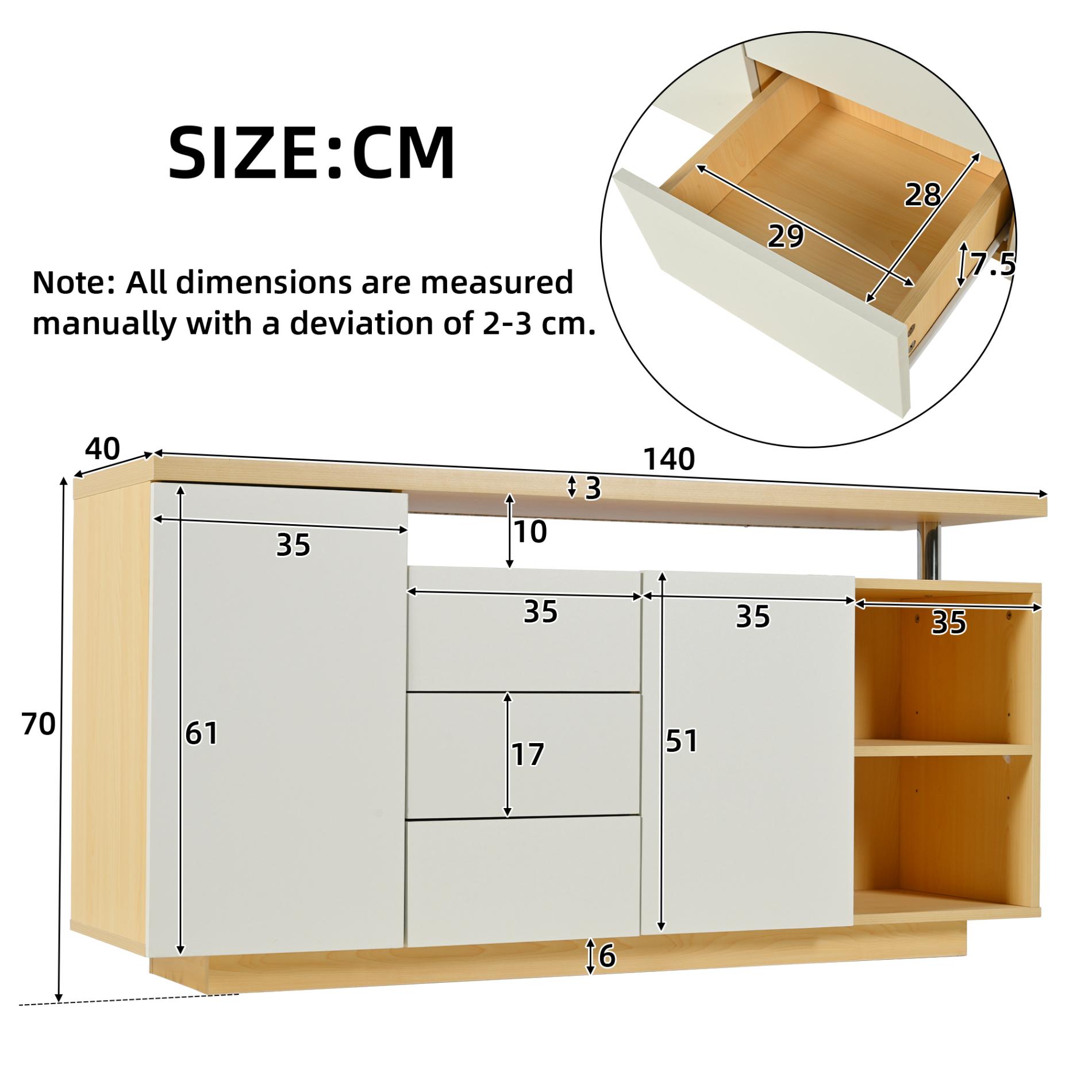 Buffet Moderne Multifonctionnel 140 cm avec Éclairage LED, 2 Portes, 3 Tiroirs, 2 Compartiments Ouverts et Finition Blanc Bois - 7