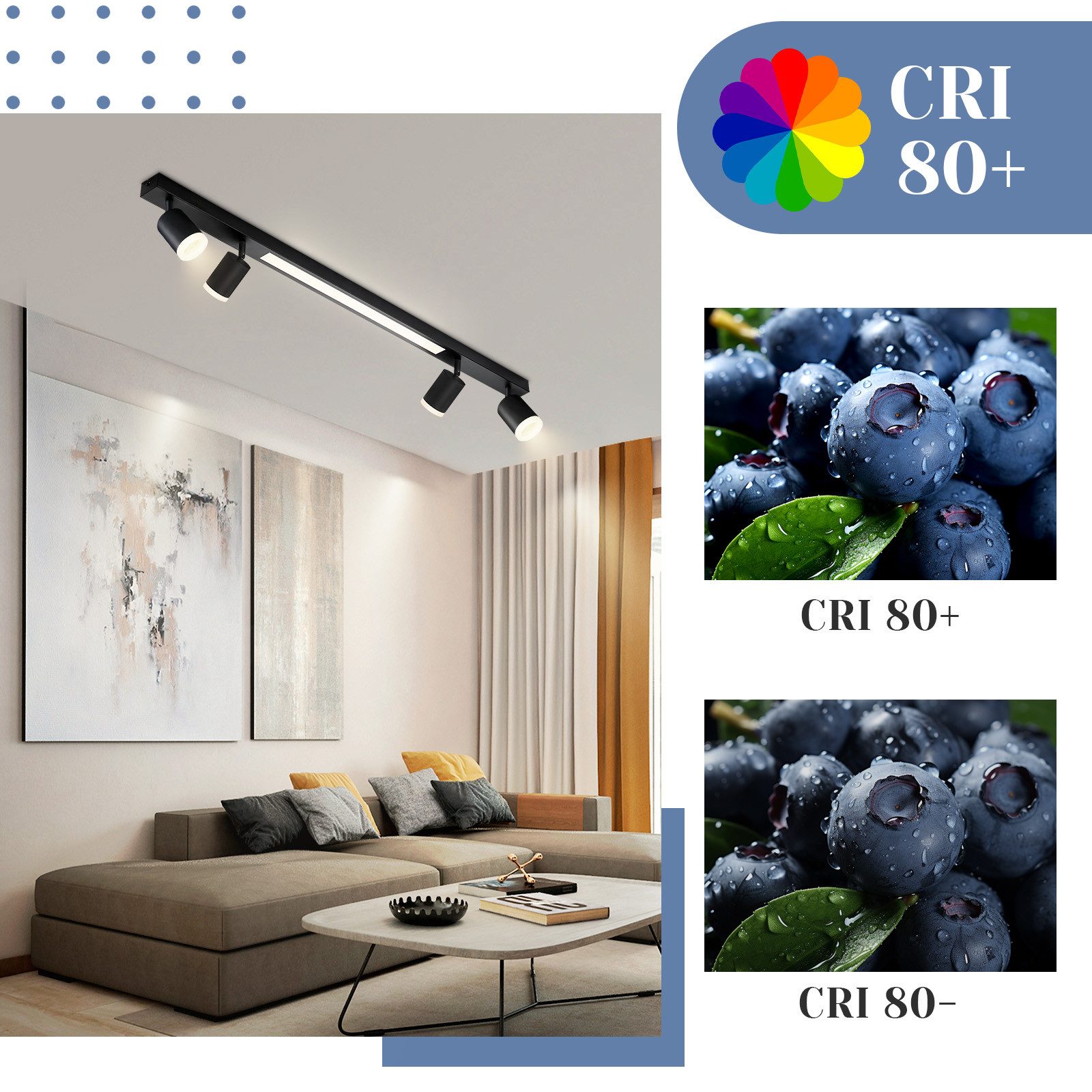 NETTLIFE Plafón LED regulable 4 bombillas negras 38W con mando a distancia 3000K-6500K orientable 350° - 4