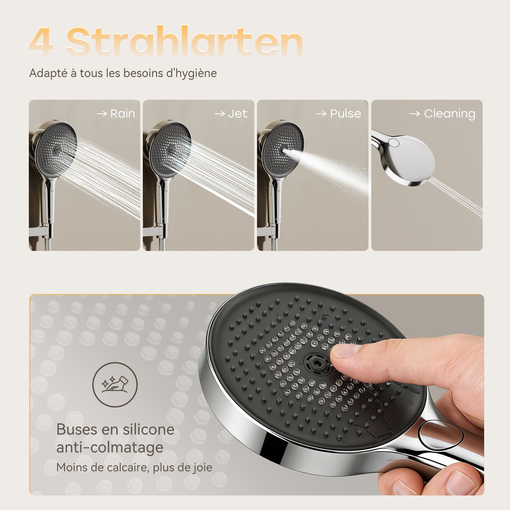 HOROW Ensemble de douche à effet pluie chromé, avec Robinetterie Thermostatique, 4 modes de massage, pliable, réglable en hauteur - 6