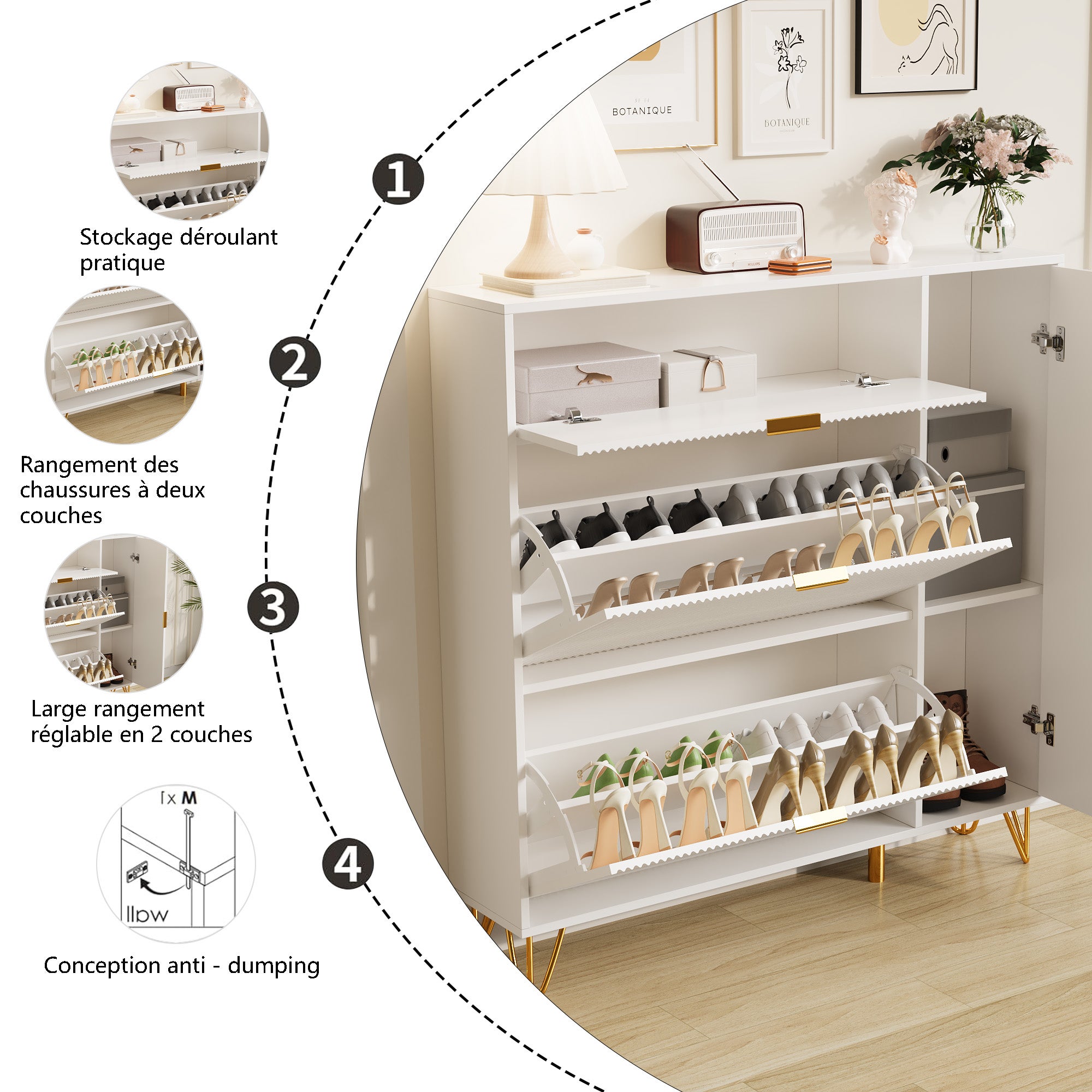 Meuble à chaussures d'entrée incliné, meuble à chaussures, étagère à chaussures de salon avec tiroirs de rangement supplémentaires, blanc - 7
