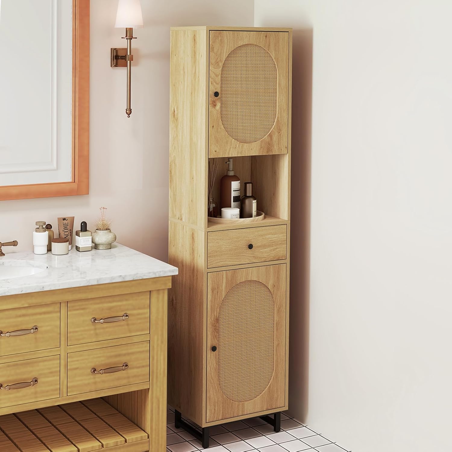 HOMCOM Armoire Murale Salle De Bain Bohème - Meuble Haut Avec Porte Coulissante Rotin, Étagères Ouvertes, 60x20x65cm Bois Naturel