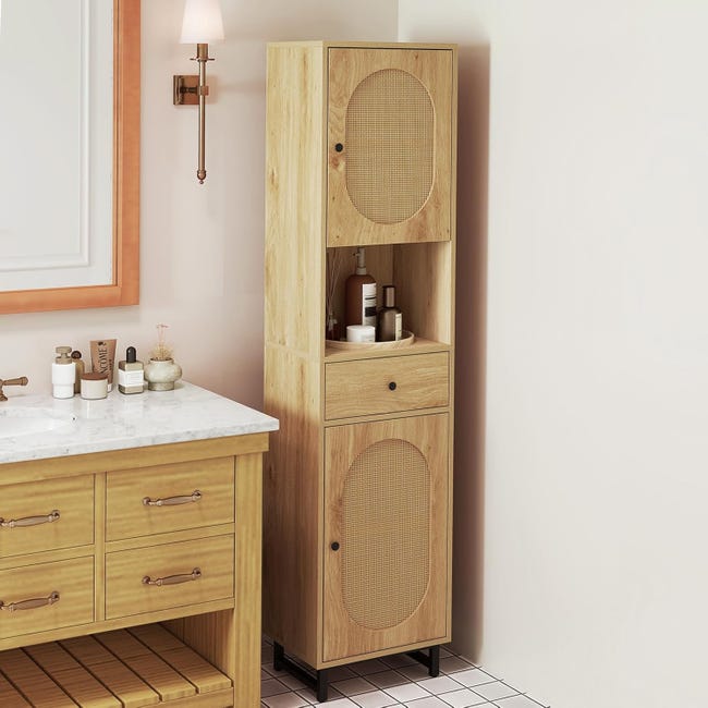 HOMCOM Armoire Murale Salle De Bain Bohème - Meuble Haut Avec Porte Coulissante Rotin, Étagères Ouvertes, 60x20x65cm Bois Naturel