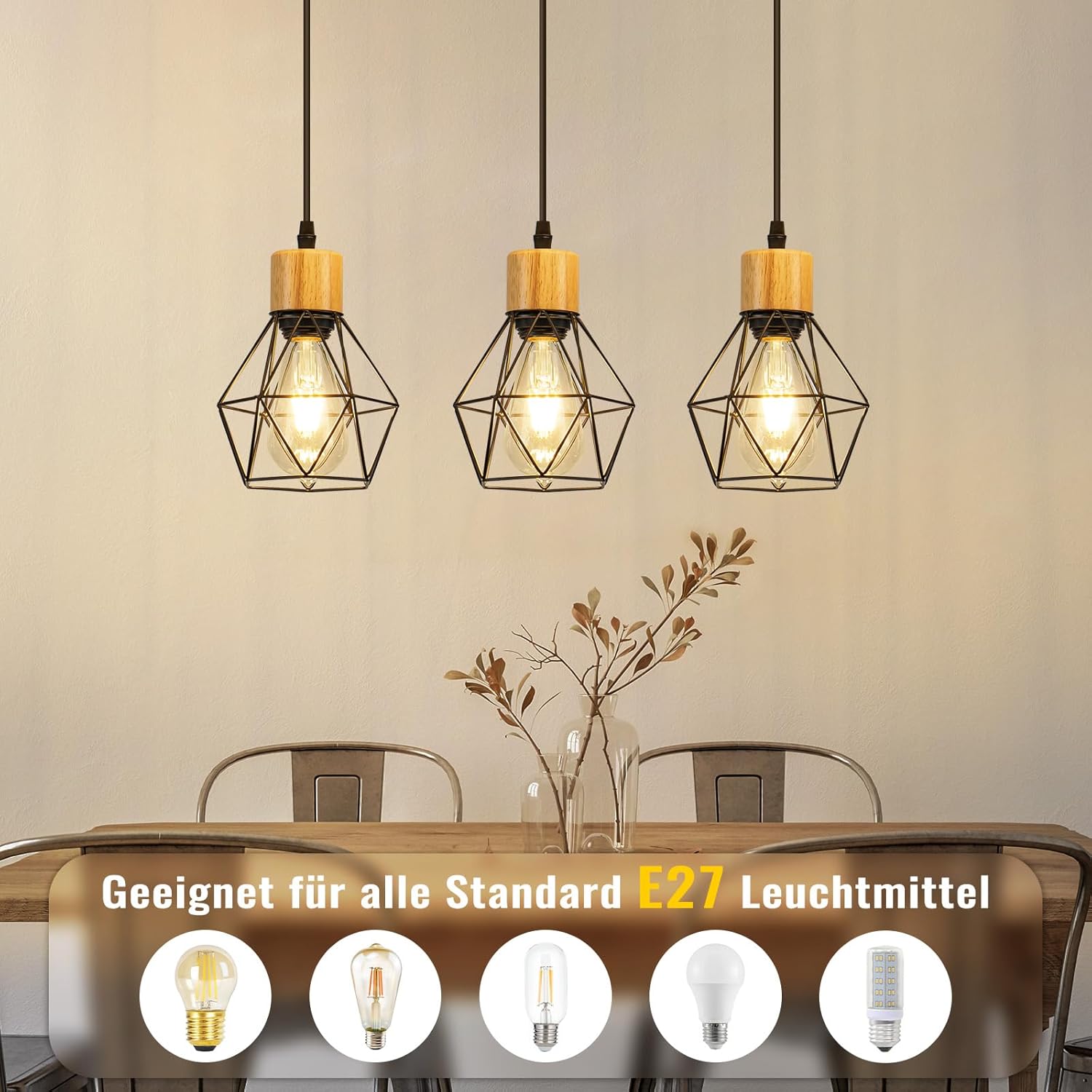 ZMH Lampa wisząca z czarnego metalu w stylu vintage, 3 żarówki E27, brak w zestawie - 4