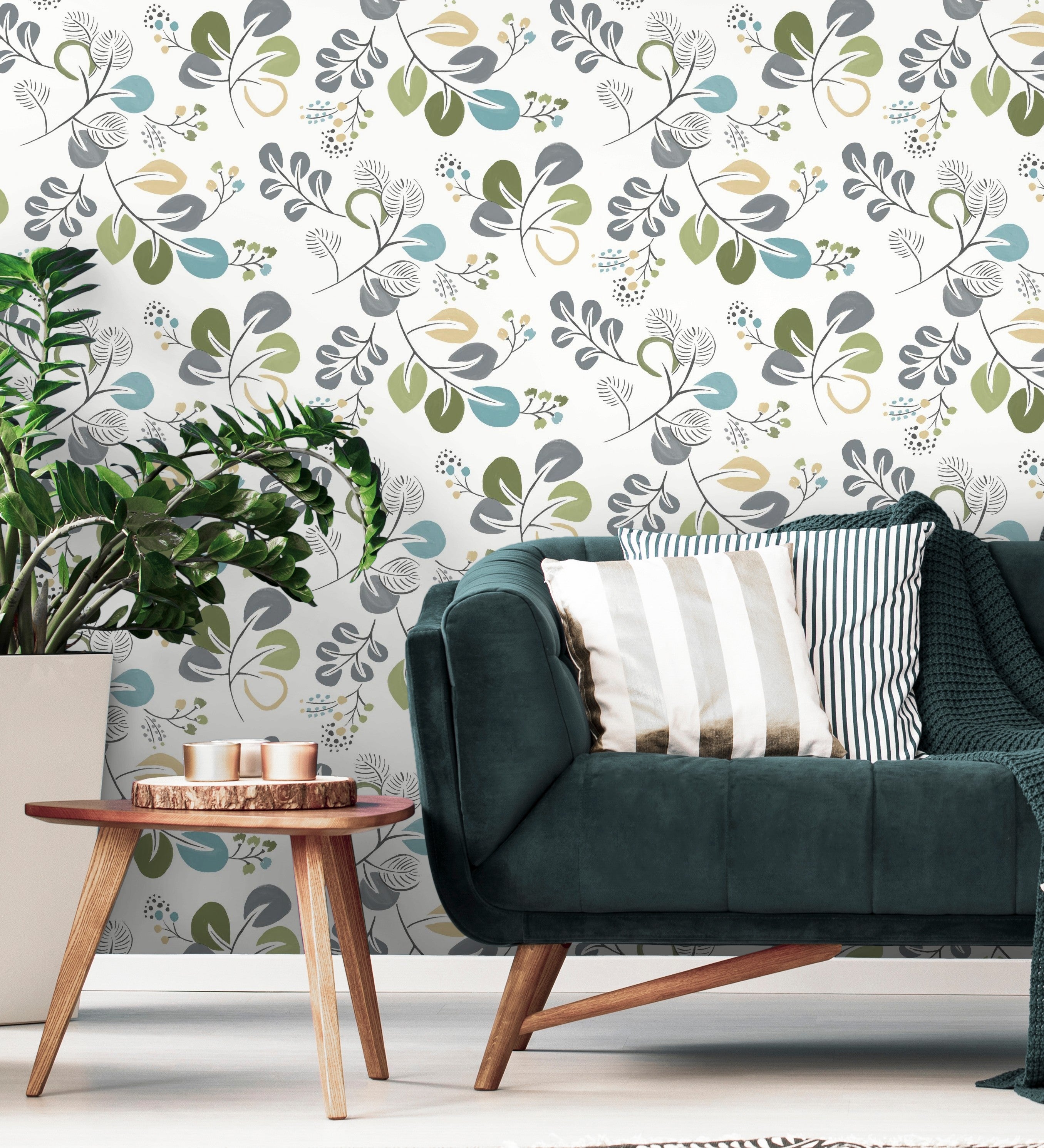 Papel pintado vinílico ecológico de hojas de estilo nórdico tonos verdes - blossom hall 679415 de gaulan - rollo de 10 m x 0,53 m