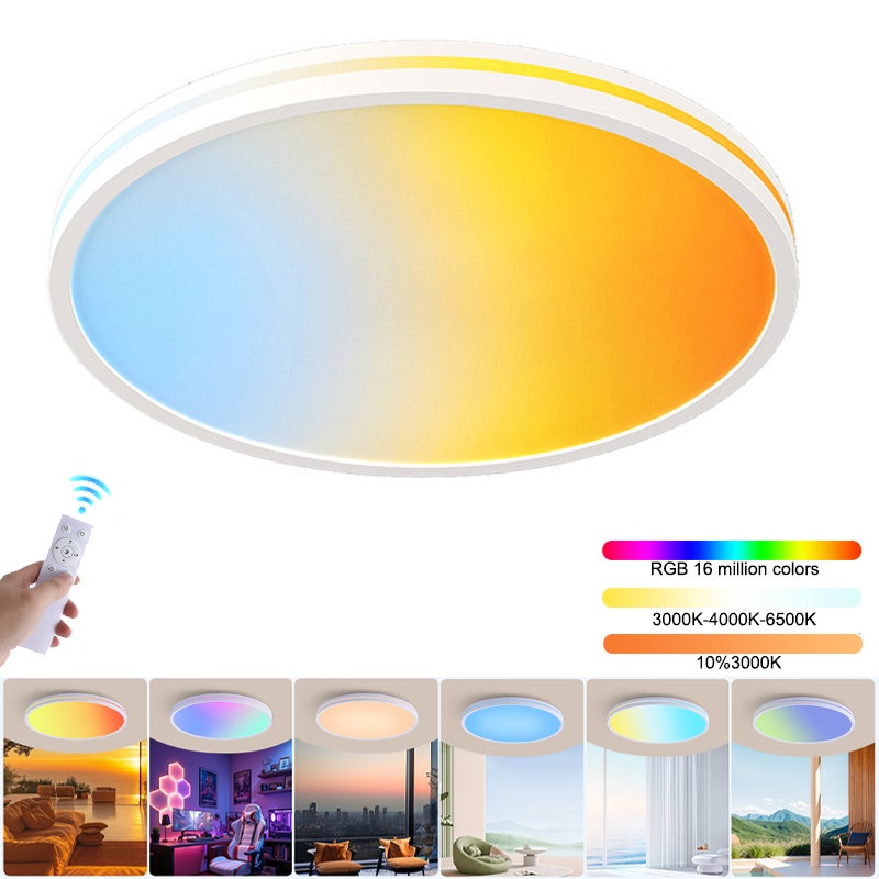 Ściemniany plafon LED z pilotem, świetlik LED o pełnym spektrum, tęczowy plafon RGB, zmienny kolor, φ37 cm