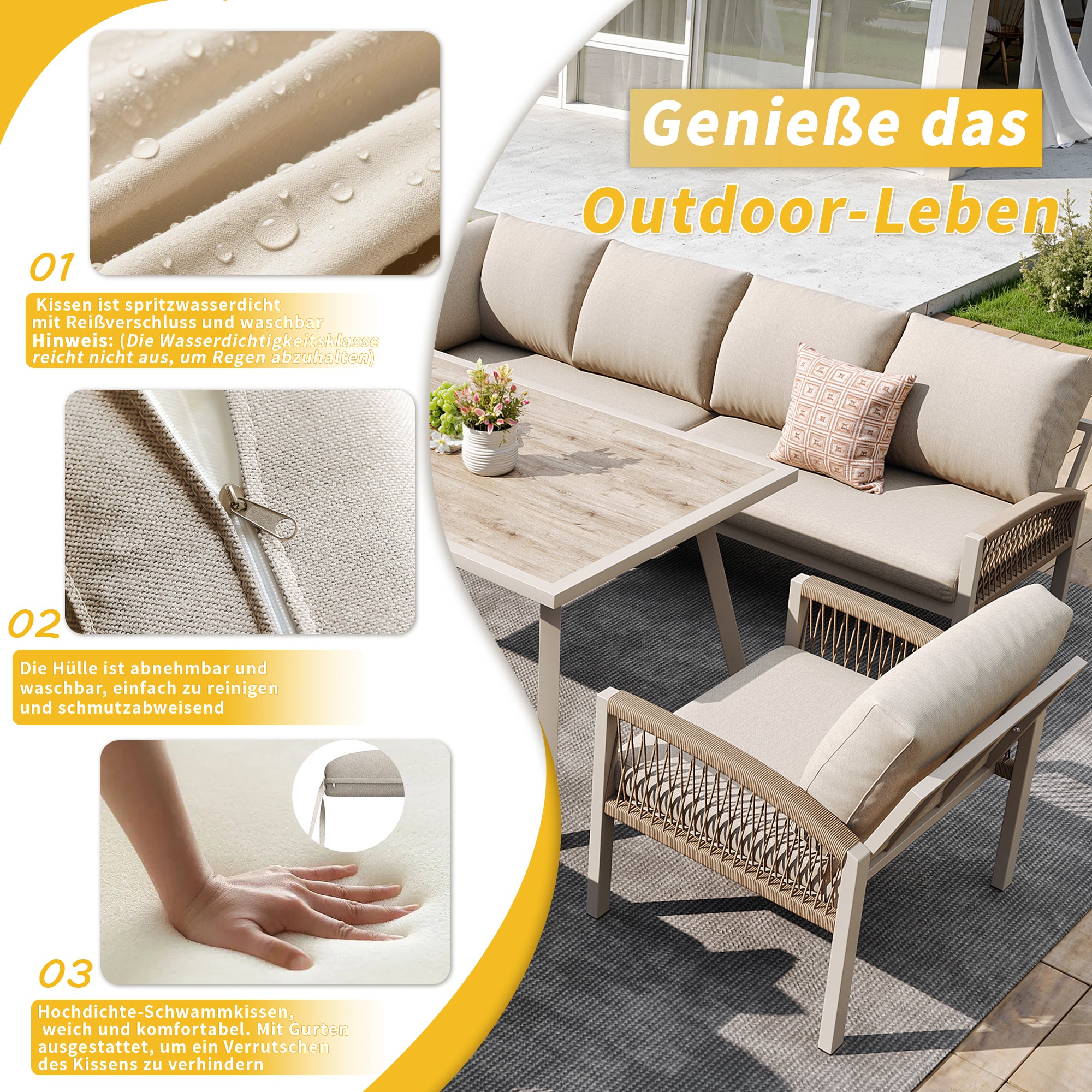 Ensemble de mobilier de jardin extérieur en L en fer pour 8 places avec coussins | 3 canapés + 2 fauteuils en rotin PE + Table en verre- Beige - 8