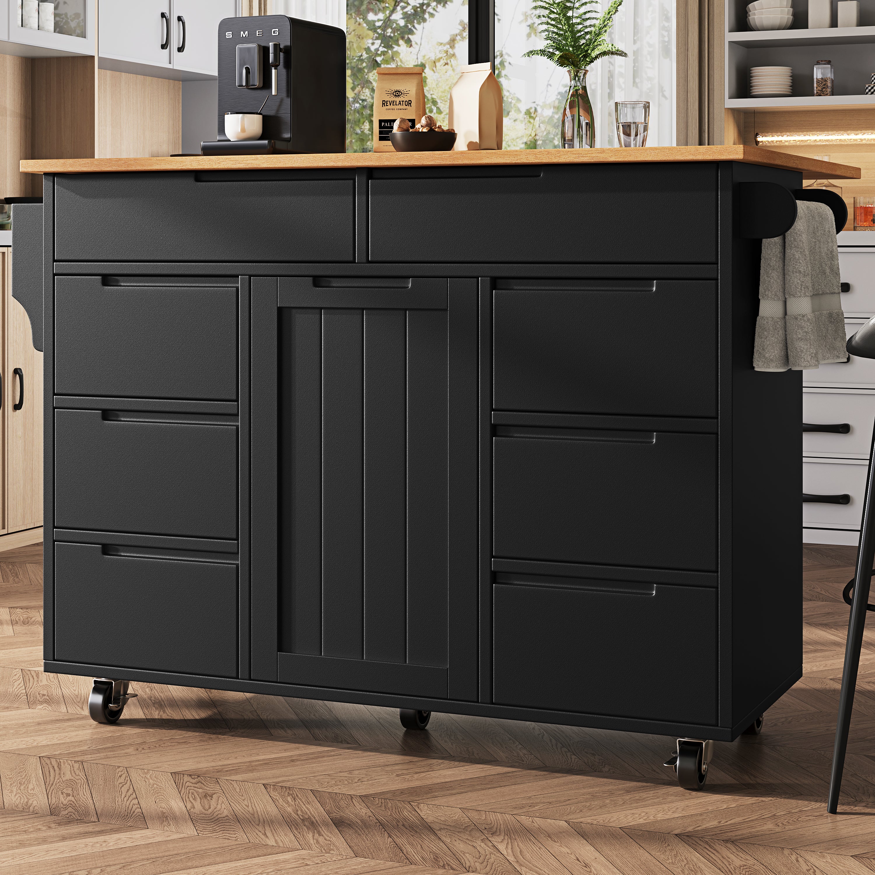 Ilot central de cuisine mobile - Plateau extensible - 8 tiroirs et 1 porte - Avec étagère à épices - MDF - Noir - 2