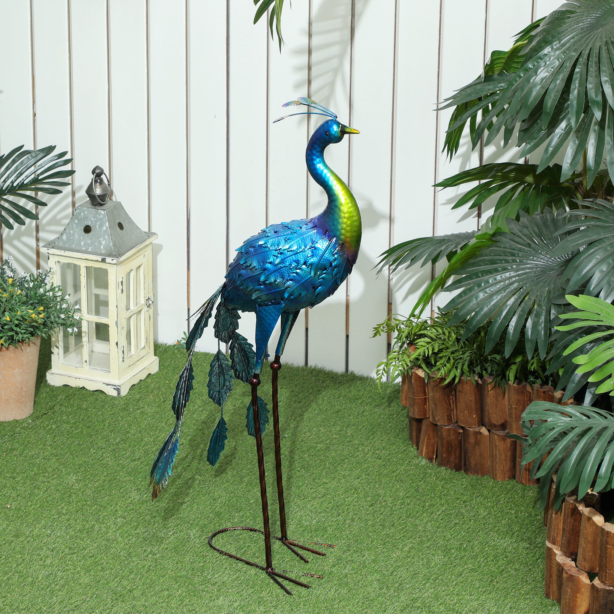 Statue de jardin - Outsunny - paon - résister aux éléments - pour jardins, porches, terrasses - en métal - 83H cm - multicolore - 7