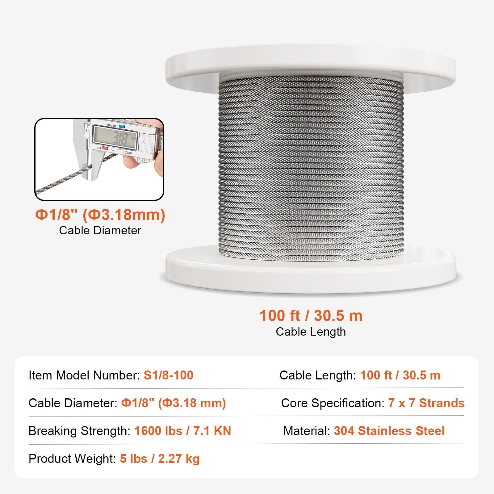 Câble VEVOR Acier Inoxydable 3,2 mm x 30,5 m Cable Kit Fil Tressé Inox pour Système de Garde-corps de Terrasse, Treillis de Jardin, avec Coupe-câble - 8