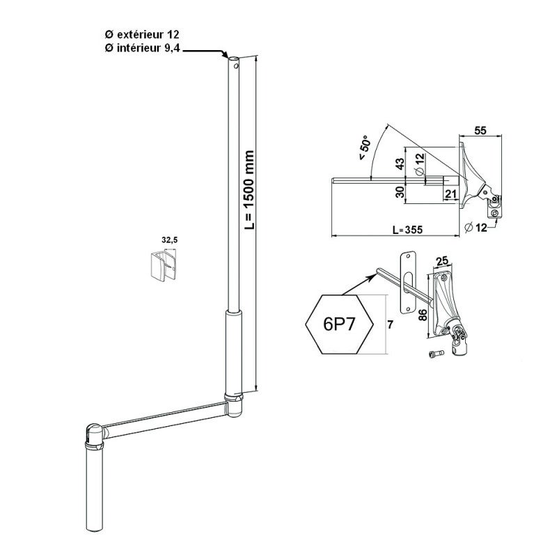 Manivelle de volet roulant 1800 mm Ø 12 mm avec sortie 6P7 à 90° - 2