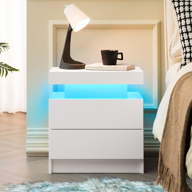 Mesa de cabeceira, 53 x 50 x 36 cm, iluminação LED, com 2 gavetas, em madeira de engenharia, branco