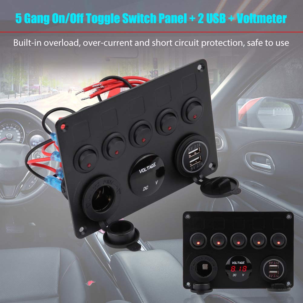 Pannello Interruttori A Levetta 5 Gang 12-24V – Con Doppia USB E Voltmetro, Per Auto, Camper, Barca (Luci Verdi) - 4