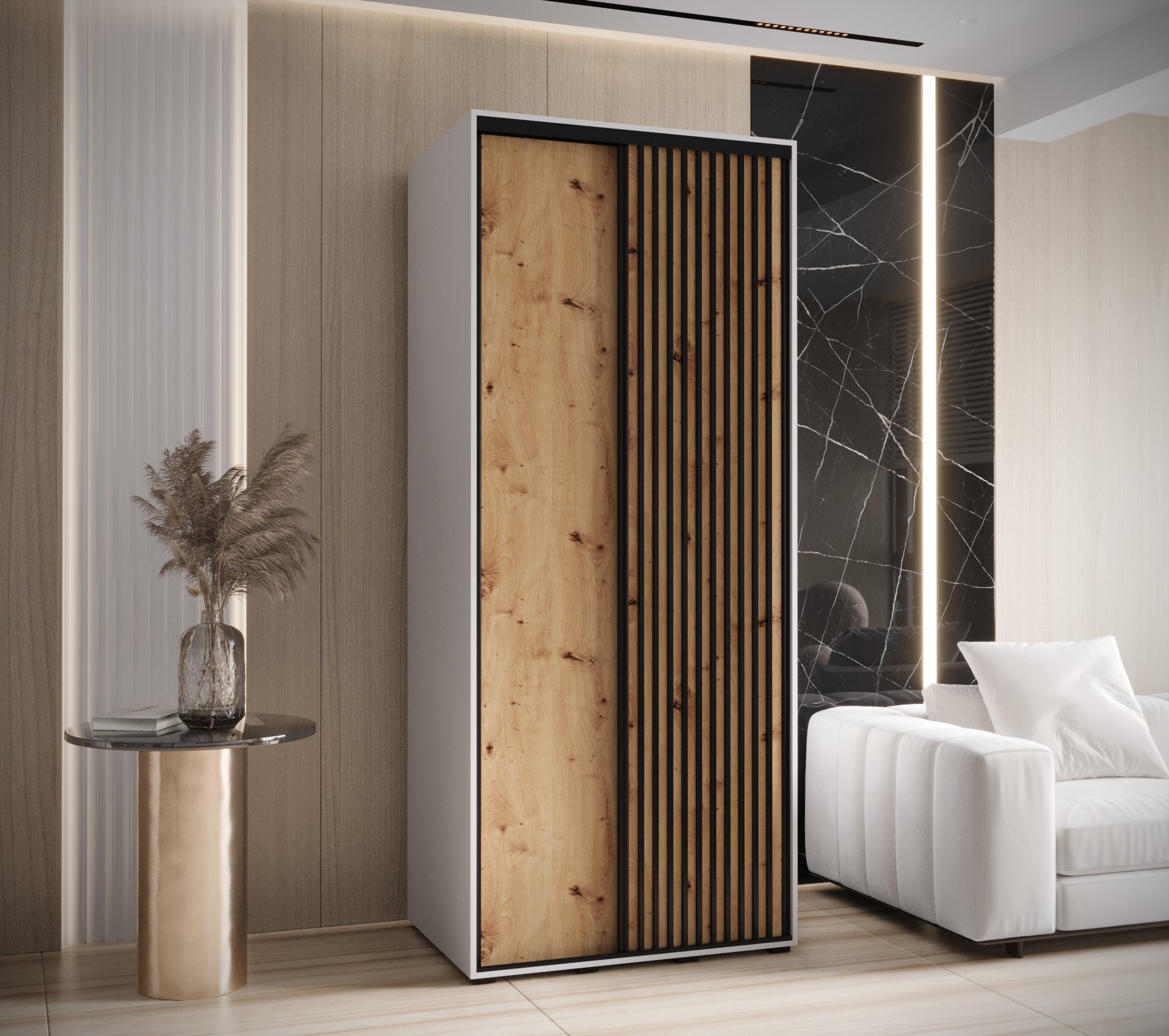 Szafa przesuwna wysoka Lanko 1 100 x 60 x 235,2 cm biały + artisan + lamele czarny - Abiks Meble - 2