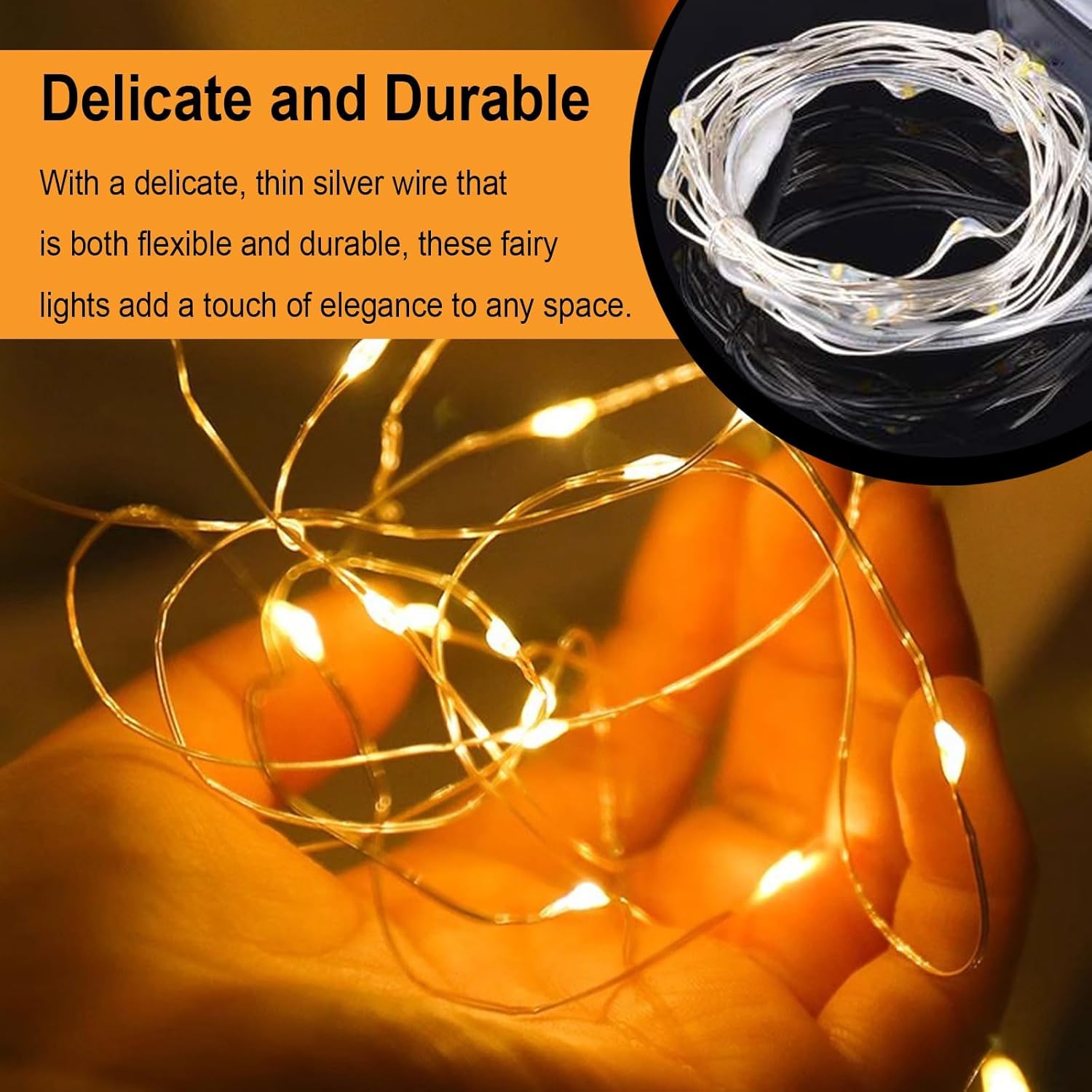 Guirlande lumineuse en fil de cuivre à piles pour chambres, fêtes, festivals, etc. (5 mètres, 50 lumières, lumière chaude) - 3