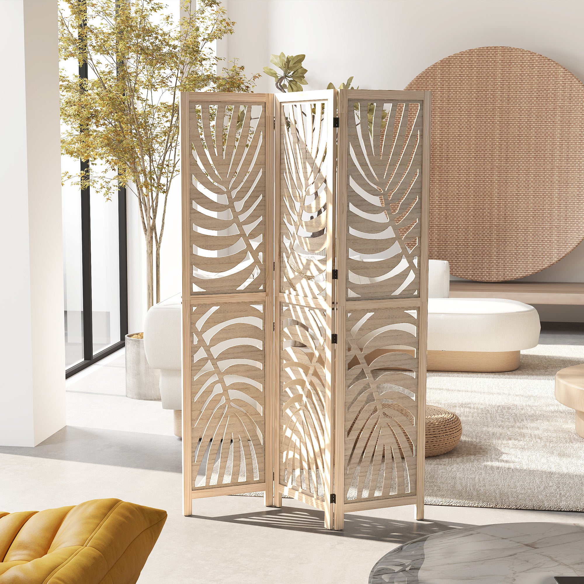 Séparateur pièce 3 panneaux pliable détachable, imprimé feuille palmier tropicale, 120x1,7x170 cm - 4