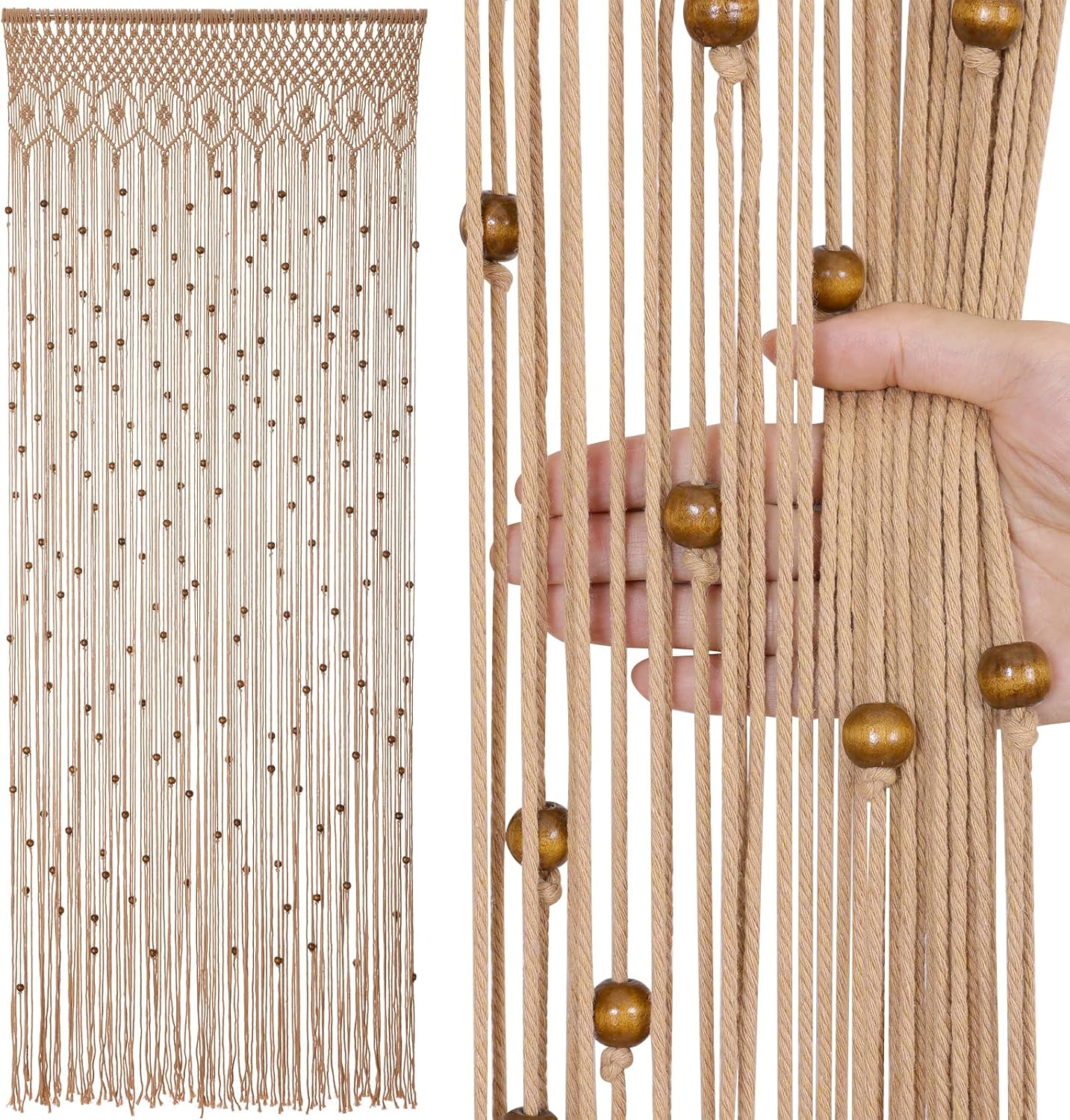 Rideau de perles bohème en macramé fait à la main avec perles en bois pour fenêtre, porte, 200 x 91 cm (L x l), blanc - 8