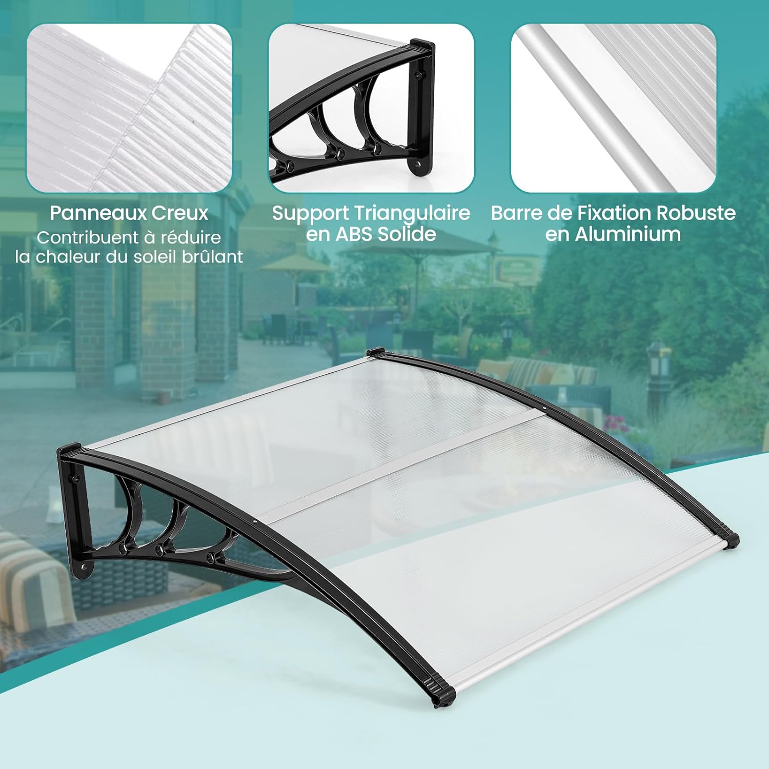 Toldo para porta de entrada 102 x 99 cm Proteção solar, marquise para porta e janela exterior Placa em policarbonato Proteção contra chuva - 5