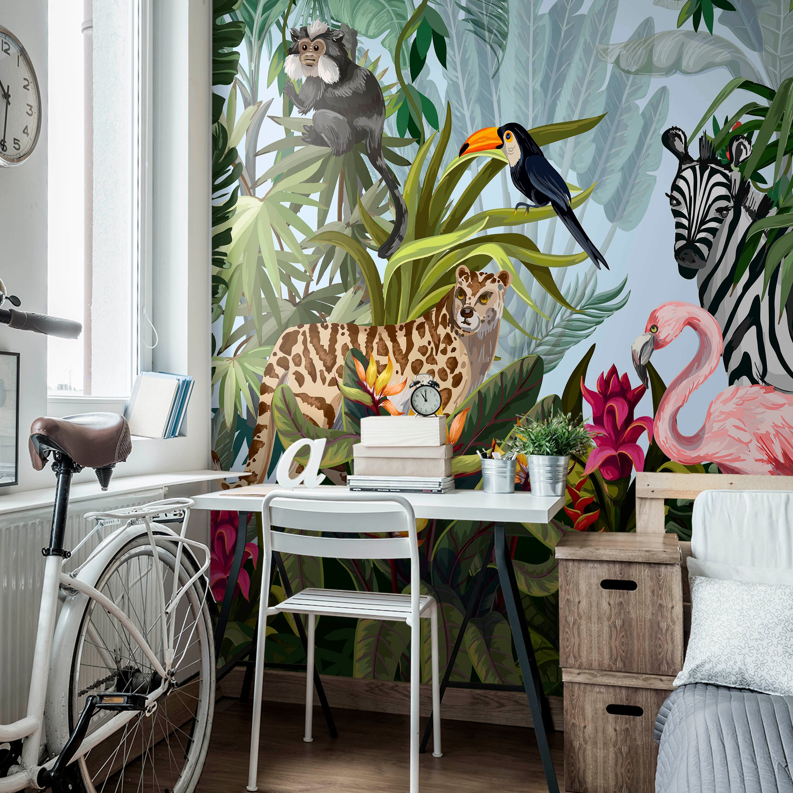 Papier Peint Panoramique Intissé ANIMAUX SAUVAGES Plantes Tropicales Fleurs Feuilles 180 cm x 120 cm - Colle Inclus - Pour Chambre Enfants - 4