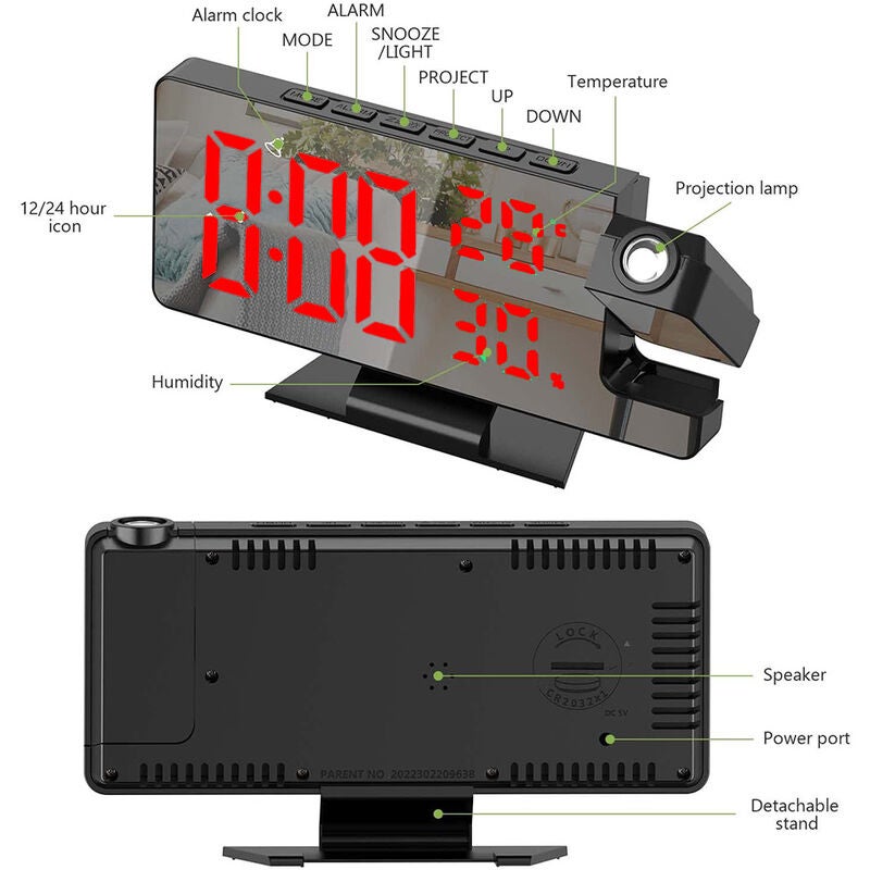 Réveil à projection pour chambre à coucher, grande horloge numérique avec projecteur à 180°, 12/24H, port de charge USB, affichage - 3