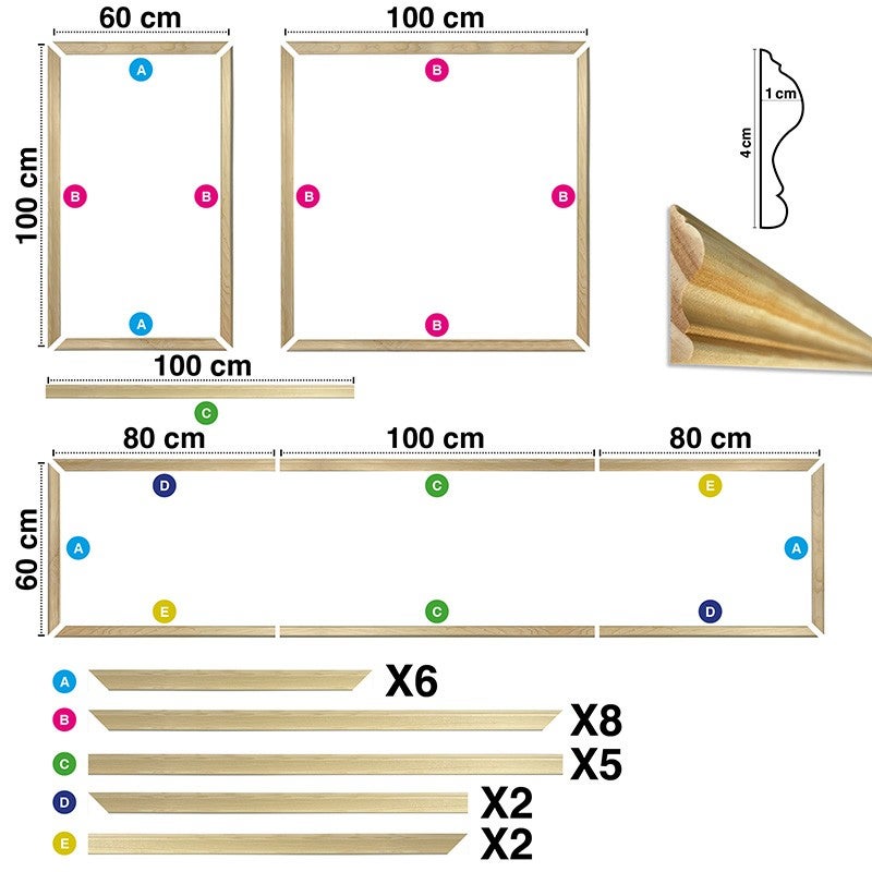 Molduras decorativas de parede em kit de 4 molduras - Blandine - 3 metros - Fáceis de colar e prontas a pintar - Fabricação francesa - 4
