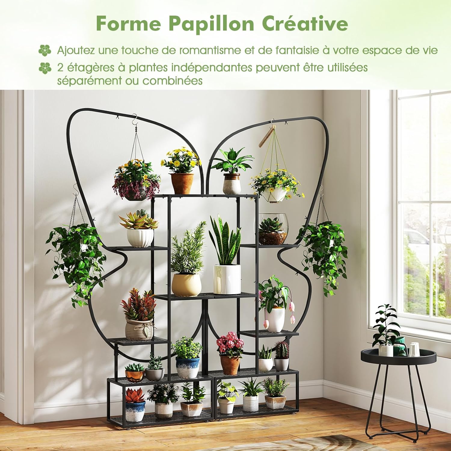 Support pour Plantes en Métal à 6 Niveaux, Étagère à Fleurs avec 12 Tablettes Métalliques 4 Crochets Forme Papillon, 56 x 26 x 185 cm, Noir - 8