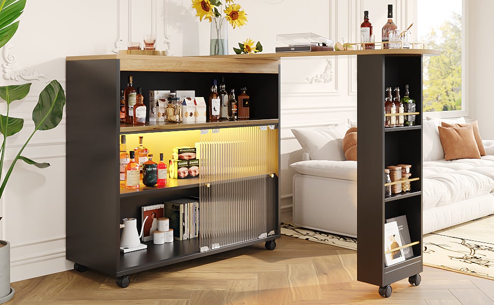 Tavolo Bar Allungabile Telescopico 137-215 Cm Con Cassetto E Ripiani, In MDF Nero, Con Ruote E Dispositivo Antiribaltamento, Ideale Per Cucina, Ufficio O Home Bar