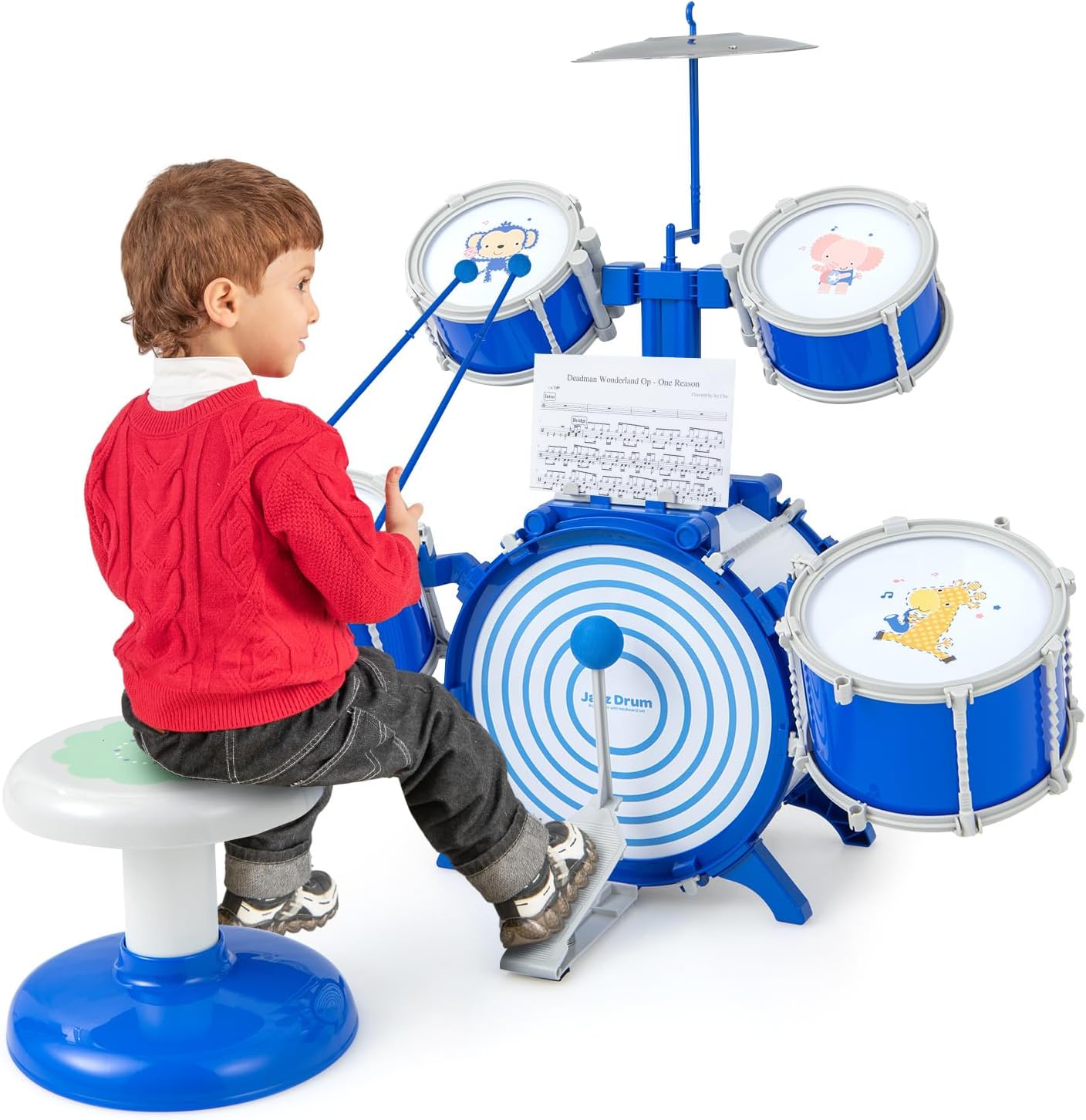 Zestaw Perkusji Jazzowej dla Dzieci z 5 Bębnami, 1 Talerzem, 2 Pałkami, 1 Statywem i Pedałem, Zestaw Bębnów ze Stołkiem, Niebieski