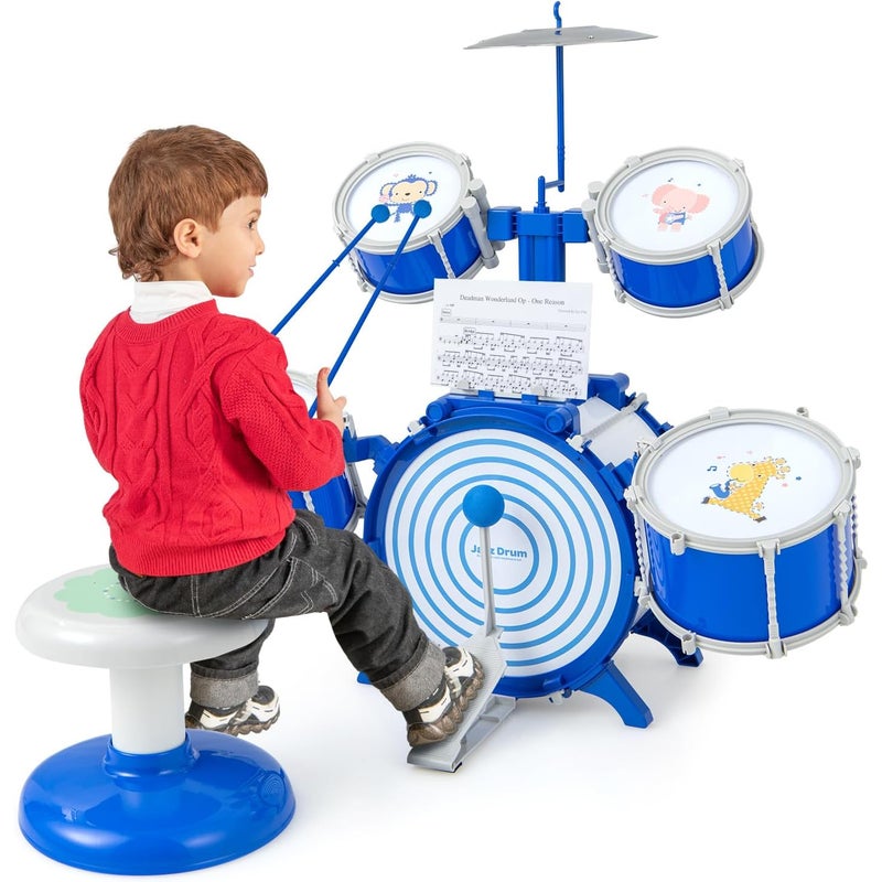 Zestaw Perkusji Jazzowej dla Dzieci z 5 Bębnami, 1 Talerzem, 2 Pałkami, 1 Statywem i Pedałem, Zestaw Bębnów ze Stołkiem, Niebieski