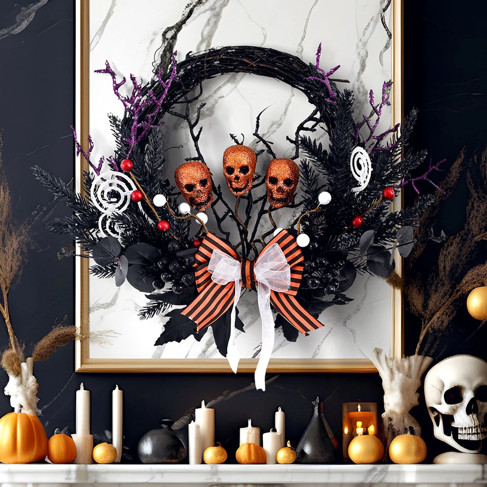 Wieniec dekoracyjny na Halloween, straszna, żółta, imitacja czaszki, akcesoria dekoracyjne na przyjęcie, 43*33 cm, odpowiedni na drzwi wejściowe