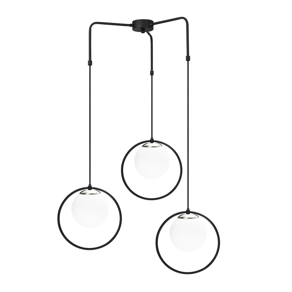 Lampa sufitowa Escott 3 światła Nordic z czarnymi pierścieniami i białymi szklanymi kulami wewnątrz ø74 cm