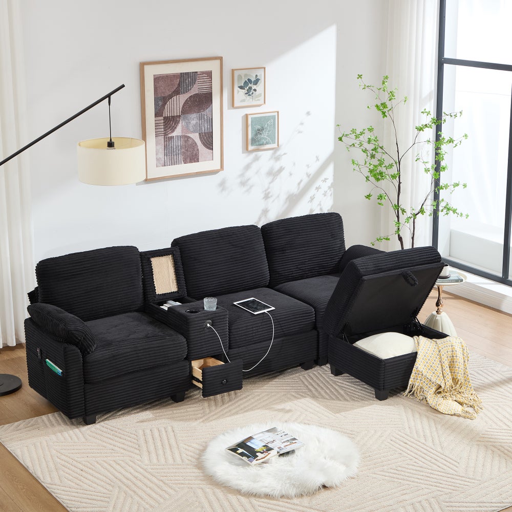 Duża sofa z kordu z pianką zapewniającą wygodę, konsolą centralną, portem USB-C i pufem ze schowkiem, szara